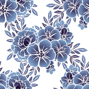 无缝复古风格单色深蓝色花卉图案。 花卉元素。