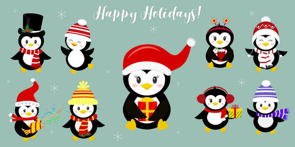 一套九位快乐的企鹅角色, 戴着不同的帽子和配饰。庆祝新年和圣诞节。动画片样式, 向量