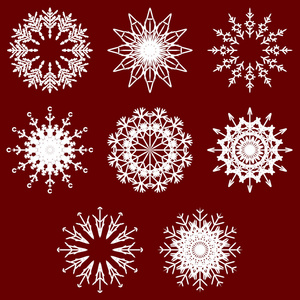 收集艺术冰冷抽象水晶雪花隔离在背景上，作为冬季十二月装饰。 冰霜美丽的星饰