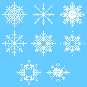 矢量收集艺术冰冷抽象水晶雪花隔离在背景上，作为冬季12月装饰。 冰霜美丽的星饰剪影