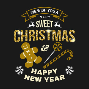 我们祝你圣诞快乐, 新年邮票, 贴纸设置与雪花, 圣诞糖果, 饼干。向量。复古风格的圣诞新徽的复古版式设计