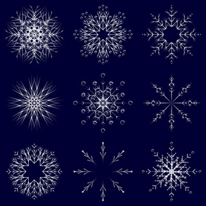 收集艺术冰冷抽象水晶雪花隔离在背景上，作为冬季十二月装饰。 冰霜美丽的星饰