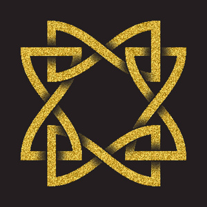 金色闪闪发光的标志框架，凯尔特风格的黑色背景。 部落十字架符号。 珠宝设计的金邮票。
