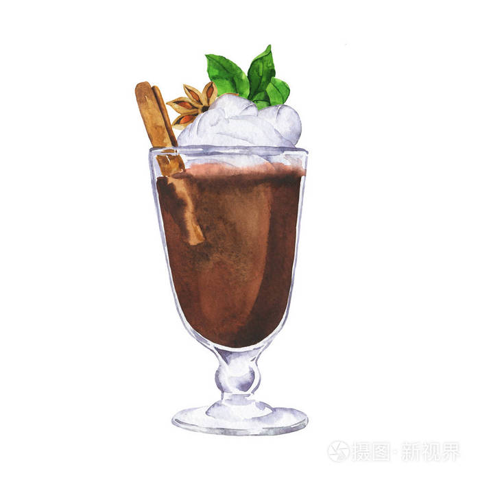 一杯可可咖啡或热巧克力新鲜薄荷奶油肉桂和八角星分离在白色背景上