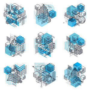 线条和形状抽象矢量等距三维背景。 立方体六边形正方形矩形和不同抽象元素的布局。 矢量收集。
