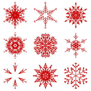 收集艺术冰冷抽象水晶雪花隔离在背景上，作为冬季十二月装饰。 冰霜美丽的星饰