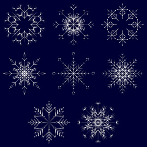 收集艺术冰冷抽象水晶雪花隔离在背景上，作为冬季十二月装饰。 冰霜美丽的星饰