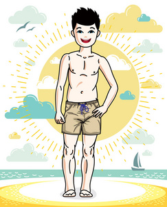 可爱的小男孩孩子站在五颜六色的时尚海滩短裤。 矢量吸引人的儿童插图。 时尚主题剪贴画。