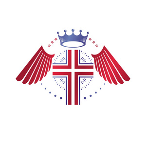 基督教图形标志的交叉。 纹章矢量设计元素。 复古风格标签宗教徽章装饰豪华君主皇冠和自由鸟翼。