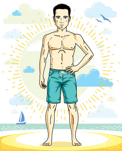 英俊的男人大人穿着明亮的短裤站在热带海滩上。 矢量漂亮和运动的男人插图。 夏季主题剪辑。
