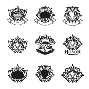 皇家象征花花和冠徽。 纹章矢量设计元素集合。 复古风格标签纹章标志。