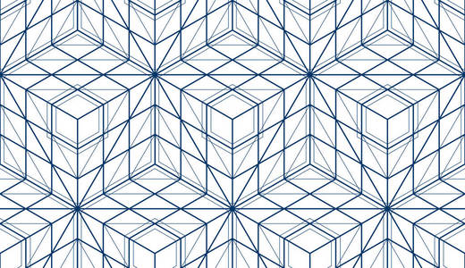 几何立方体抽象无缝图案三维矢量背景。 技术风格工程线绘制无尽的插图。 单色黑白。 可用于织物壁纸包装网和打印。