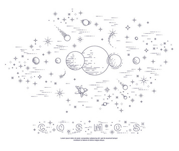 神奇的未发现星系与未知行星科幻与恒星和其他元素。 探索宇宙惊人的空间科学。 细线三维矢量插图。