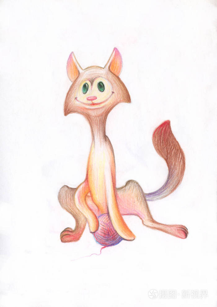 铅笔绘图儿童插图带彩色铅笔的动物形象红猫玩线球