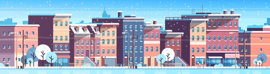 城市大厦房子冬天街道城市风景背景快乐圣诞节快乐新年概念平水平横幅平