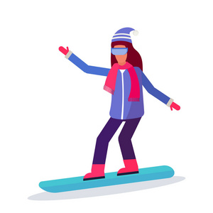 滑雪者妇女滑下冬季运动活动的女士戴着护目镜女性纸箱字符女运动员滑雪板全长平隔离