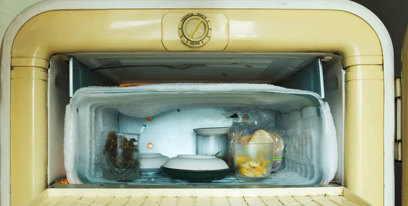 在旧冰箱的冰箱里，可以近距离观看产品