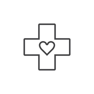 医学符号。心在十字线图标，轮廓矢量标志插图，线性象形文字隔离在白色上。