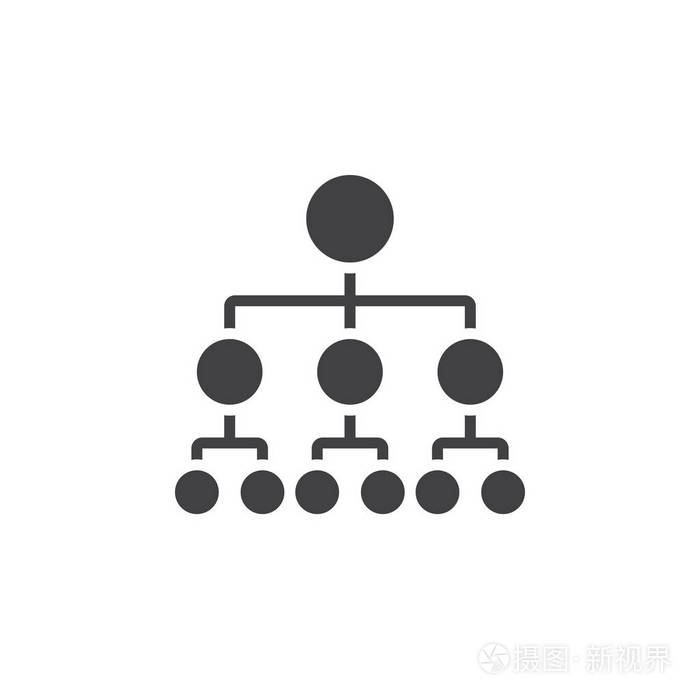组织图图标向量,层次结构实体标志,白色上隔离的象形文字,像素完美