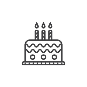 生日蛋糕线图标，轮廓矢量标志，线形象形图隔离在白色上。标志插图