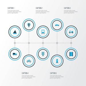 交通图标设置与火车, 道路, 气球和其他灯光元素。独立的插图运输图标