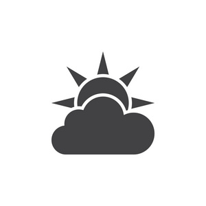 天气预报图标向量，部分多云实心徽标插图，白色隔离象形图