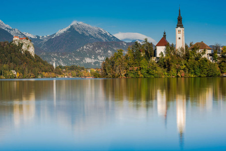 教堂在布莱德湖岛，长期暴露，斯洛文尼亚。