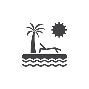 海滩和棕榈图标矢量，暑假固体标志，象形文字隔离在白色，像素完美插图。