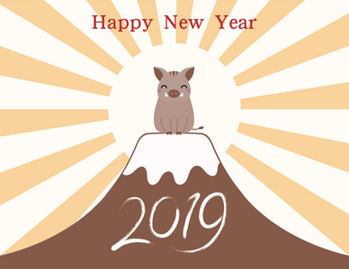 2019新年贺卡与卡瓦伊野猪，富士山，日出，数字。矢量图。日本节日旗帜的概念