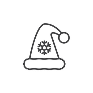 圣诞老人帽子带有雪花线图标，轮廓矢量符号，线形象形图隔离在白色上。标志插图