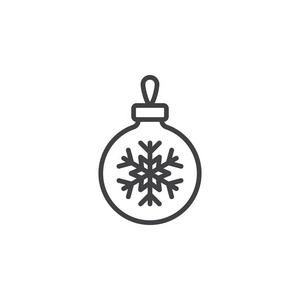 圣诞树球上有雪花线图标，轮廓矢量符号，线状象形图隔离在白色上..标志插图