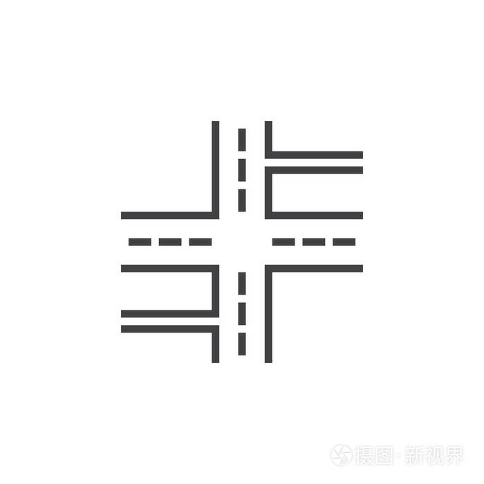 十字路口线图标街道轮廓矢量标志线性象形文字隔离在白色上. 标志插图