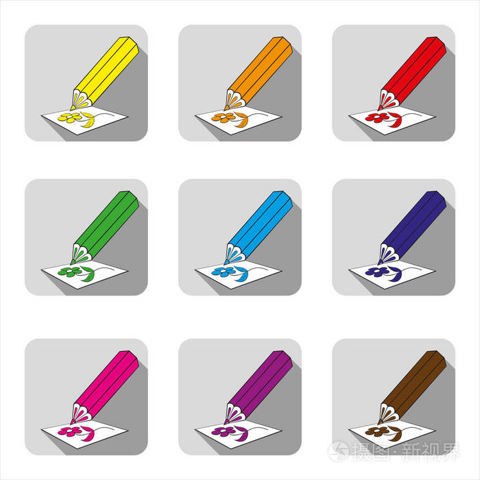彩色铅笔和阴影铅笔的图标，用于多种彩色绘图工具，用于彩色插图铅笔用于书籍