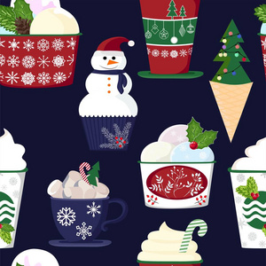 一套五颜六色美味的纸杯蛋糕蛋糕甜点冰淇淋和圣诞节和新年装饰品的图案。扁平风格。 矢量。 新年贺卡的元素。 矢量插图