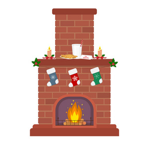 白色背景上的圣诞壁炉。 圣诞老人的蜡烛牛奶和饼干。 礼物袜子。 新年和圣诞快乐。 平面样式矢量。