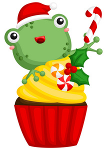 一只可爱的小青蛙在一个甜蜜的圣诞蛋糕后面的矢量