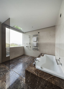 现代浴室内部有双水槽和大镜子，浴缸，瓷砖，窗户和毛巾。