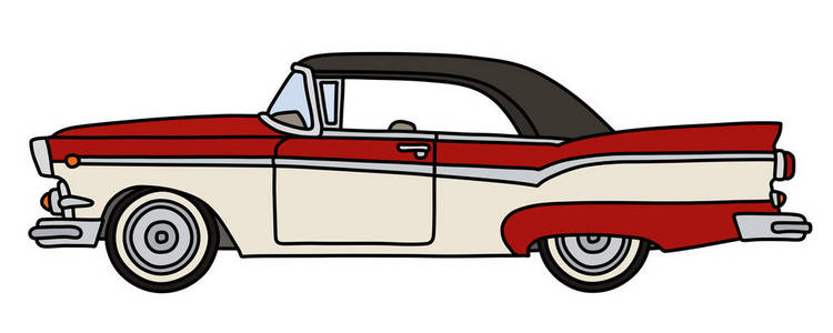一辆有趣的红白美国老车的矢量手绘