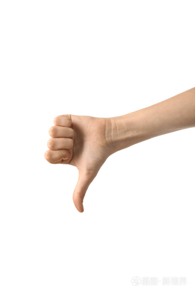 女性手在白色背景下显示拇指向下手势照片-正版商用图