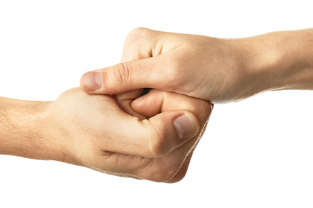 双手紧握在白色背景上照片