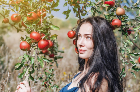 野生苹果园里的深色头发。 背景上的肖像苹果分公司。 女性的。 夏天的记忆。 时尚前夜。 自然自然自然