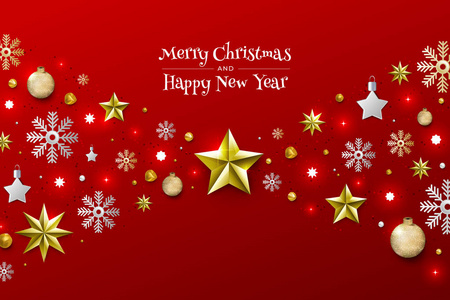 圣诞背景与边界由剪裁的金箔星星和银色雪花。 别致的圣诞贺卡和新年快乐设计。 矢量说明。