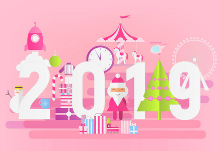 现代平面设计2019年粉红背景圣诞老人。移动应用程序和网站设计的矢量插图。