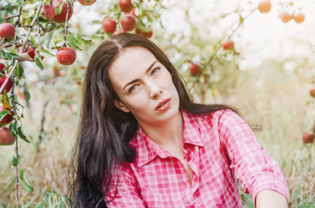 穿着格子粉色衬衫的年轻女人坐在一棵大红苹果树下的一个老苹果园里。收获。健康食品。秋天的心情。