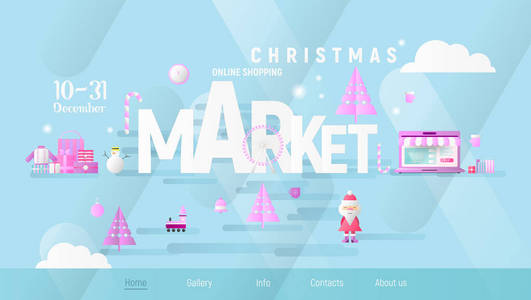 圣诞节市场或公平登陆页面。蓝色渐变背景下的圣诞对象和设计元素。移动应用程序和网站的现代平面设计矢量图