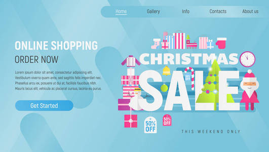 网上圣诞博览会登陆页面冬季假日购买模板。现代平面设计购物盒，袋子，圣诞人物。移动应用程序和网站的矢量插图。