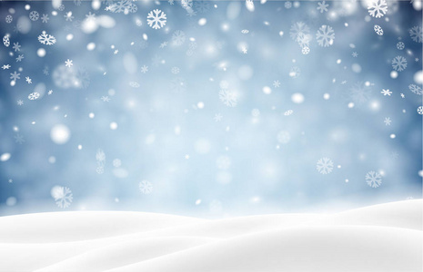 蓝色闪亮的模糊海报，冬季景观和雪的季节，圣诞节和新年装饰，矢量插图