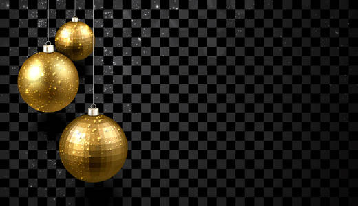 圣诞节和新年海报与金色闪亮的3D圣诞球在透明背景矢量插图。