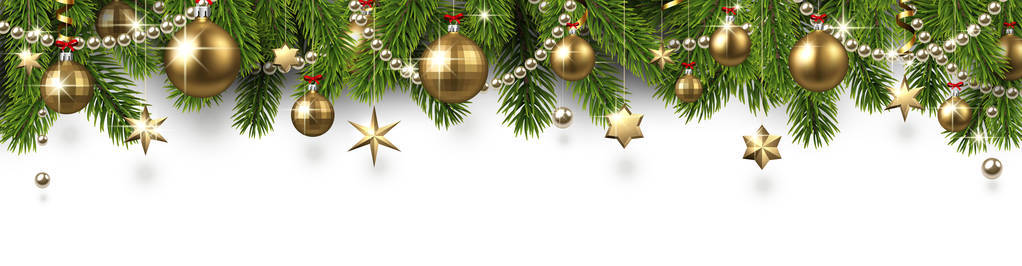 白色新年旗帜与冷杉枝和金色闪亮的圣诞装饰矢量插图