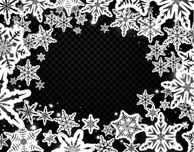 冬季海报，白色闪亮的雪花在透明的背景下，季节性圣诞节和新年装饰矢量插图。